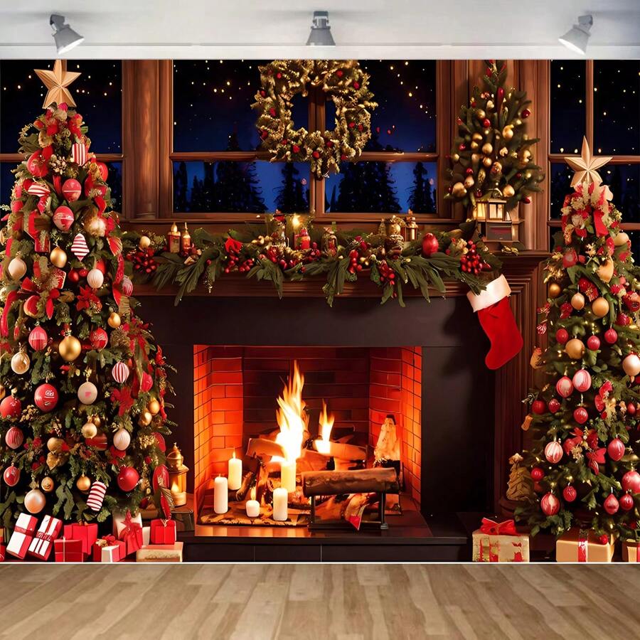 1 pieza Tela de fondo fotográfico con tema de chimenea navideña acogedora para 1er cumpleaños y sesión de fotos - Multicolor - Ver 1