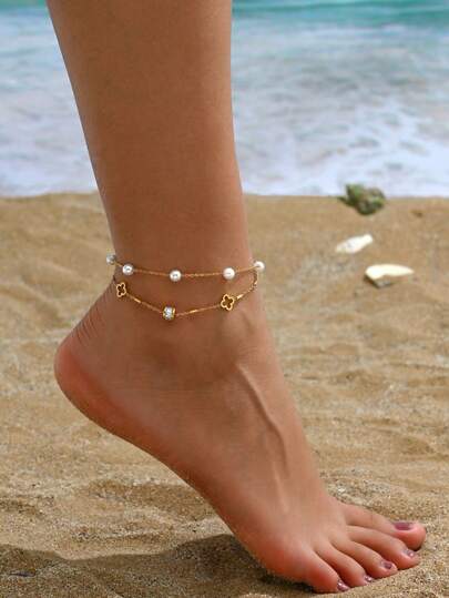 1pc Fashionable Hollow Flower Design Beaded Stainless Steel Anklet, Luxury Elegant Beach Resort Sexy Foot Jewelry For Women, Gold Anklet