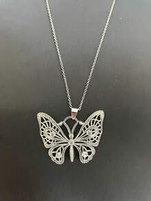 1pc Silver-Color Large Butterfly Pendant Necklace - Antique Silver - View 5