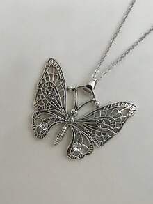 1pc Silver-Color Large Butterfly Pendant Necklace - Antique Silver - View 4