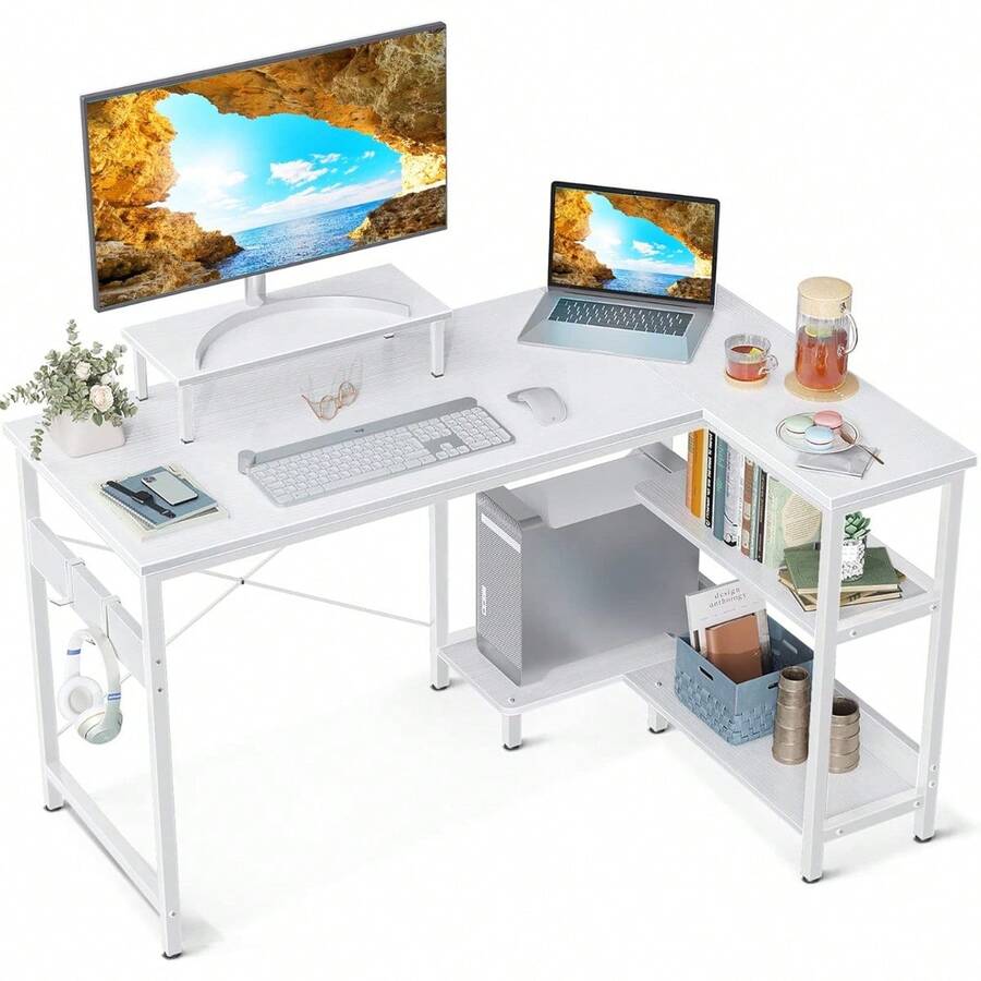 40 Inch Small L Shaped Computer Desk With Reversible Storage Shelves, L-Shaped Corner Desk With Monitor Stand For Small Space, Modern Simple Writing Table For Home Office Workstation, White - White - View 1
