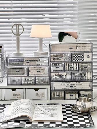 1pc Transparent Minimalist Drawer Style Desktop Organizer Box, Storage For Stationery & Office Supplies