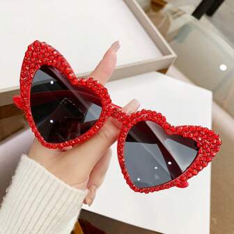 New European And American Women's Heart-Shaped Handmade Decorative Rhinestones; Essential For Travel Beach Accessories For Women Glasses Shades Valentine's Day For Summer Beach Vacation,Outdoor,Travel