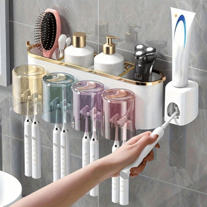 1set Multifunctional Toothbrush Rack And Mug Holder, Wall Mounted Toothpaste And Mouthwash Storage With Toothpaste Squeezer, Bathroom AccessoriesLack Of Toothbrush Holder (Without Toothpaste Dispenser)