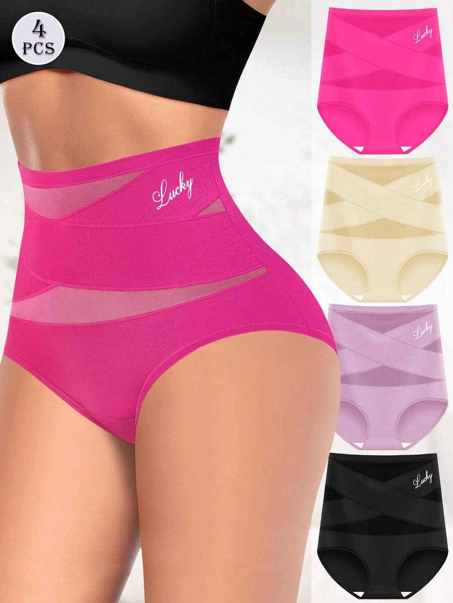 MIOTAN 4pcs Women's High Waist Triangle Panties, Cross Strap, Seamless, Tummy Control