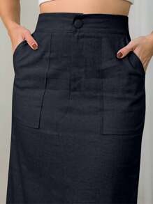 Elegant Women's Linen Long Skirt For Women - الأسود - مشاهدة 7