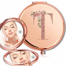 女士金属放大化妆镜折叠双面化妆镜便携式手持镜可放口袋钱包适合户外旅行姓名首字母 26 个字母图案适合情人节母亲节礼物 - 金色 - 查看 20