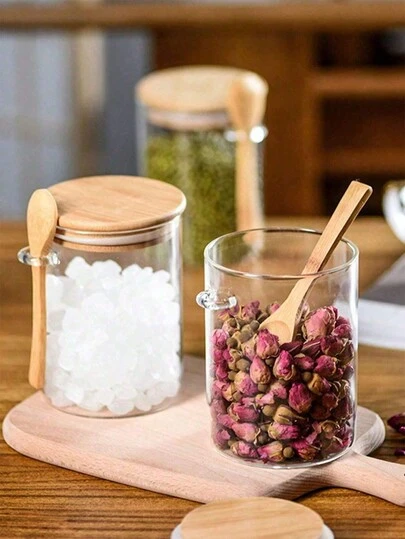 1pc Glass Storage Jar With Wooden Lid And Spoon, Airtight Candy/Tea Container, Multipurpose Organizer