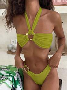 女士性感纯色露背比基尼套装，欧美风情夏日海滩