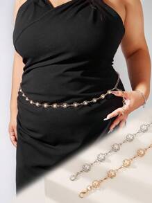 1pc Plus Size Women's Elegant Floral Cutout Faux Pearl Embellished Gold-Tone Chain Belt, Suitable For Dress, Casual, Party, And Vacation Wear Summer School Fall, Autumn, Halloween - Multicolor - View 1