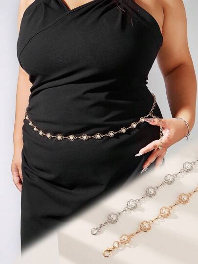 1pc Plus Size Women's Elegant Floral Cutout Faux Pearl Embellished Gold-Tone Chain Belt, Suitable For Dress, Casual, Party, And Vacation Wear Summer School Fall, Autumn, Halloween