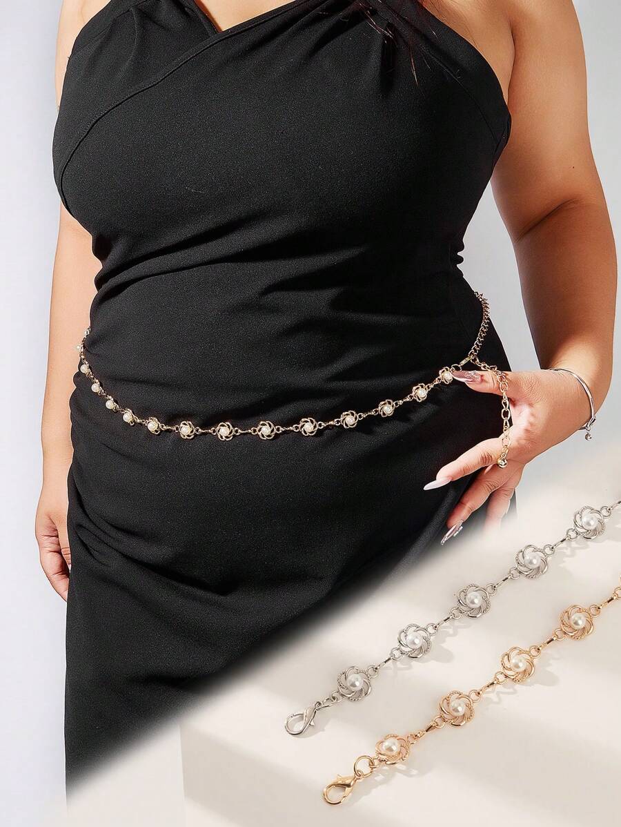 1pc Plus Size Women's Elegant Floral Cutout Faux Pearl Embellished Gold-Tone Chain Belt, Suitable For Dress, Casual, Party, And Vacation Wear Summer School Fall, Autumn, Halloween - Multicolor - View 1