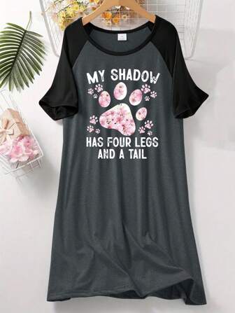 1pc Plus Size Women's Casual Nightgown With Floral, Paw Print & Letter Graphic, Short Raglan Sleeves Round Neck T-Shirt Dress, Moo Moo