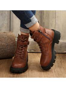 Women Fashion Platform Slip-On Ankle Boots With Side Zipper, Lace-Up Metal Buckle Decor, Brown - Brown - View 6