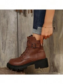 Women Fashion Platform Slip-On Ankle Boots With Side Zipper, Lace-Up Metal Buckle Decor, Brown - Brown - View 5