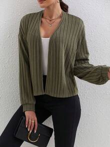 Women's Solid Color Simple Daily Vertical Stripe Long Sleeve Cardigan - Army Green - View 5