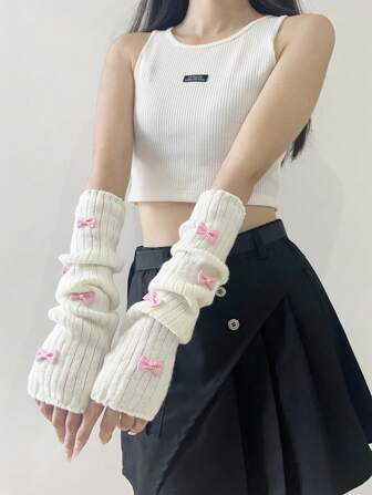 1 双甜美可爱女孩蝴蝶结臂套，粉色，格子蝴蝶结露指手套，Y2K Baddie 风格针织袖套，洛丽塔芭蕾彩色蝴蝶结装饰针织臂套，适合外出、派对、约会情人节