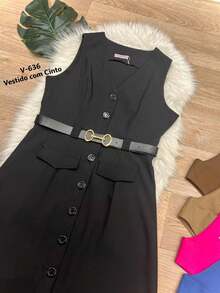 Midi Dress With Belt And Button - màu đen - Xem 2