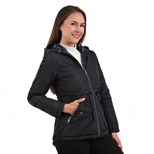 Chamarra Chaqueta Para Mujer Dama Doble Vista Reversible Capitonada Térmica con Capucha Diseño Liso y Estampado Floreado Cremallera y Cordon Ajustable Colores Sutiles a la Moda M630 - Negro - Ver 4