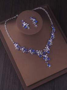 Luxury Bride Jewelry Set: Crystal Water Drop Necklace & Earrings In Purple, Blue, Red - Wedding Dress, Formal Gown, Stage Performance Accessory