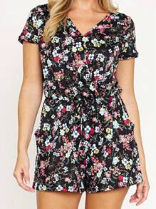 Boho Retro Casual Animal Floral Leopard  Print Pink Brown Grey White Ivory  Romper Short Sleeve V-Neck Surplice Jumpsuit - 黑色 - 查看 2