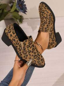 Pointed Toe Leopard Print Women Casual Chunky Heel Slip-On Loafers - Brown - View 6