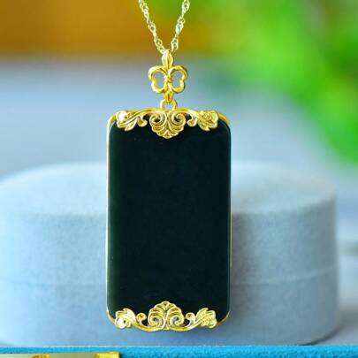 1 Stück Natürliche schwarze Edelstein Friedensanhänger Halskette Set, schwarz Edelstein gold plattiert Einlage, Gold Jade Mode Schmuck, Mode Schmuck, Damenkette Schmuck, Edelstein Halskette, Feiertags Geschenke, Geschenke für sie
