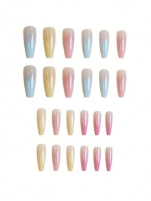 24 uñas postizas largas en forma de ataúd con gradiente nude arcoíris, Set de uñas acrílicas falsas de color ballet liso para mujeres - Multicolor - Ver 2