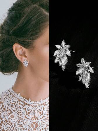 2 件优雅复古方晶锆石新娘和伴娘耳环，防过敏婚礼珠宝雪花万圣节