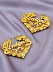 50mm Customized Name Bamboo Hoop Earrings, Personalized Jewelry Name Earrings, Heart-Shaped Birthday Gift For Women - Gold - View 5