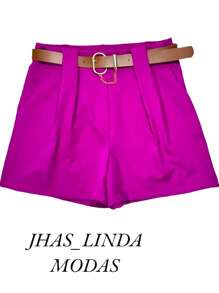 Short Plus Size Social Tailoring With Elegant Belt High Waist - Purple - View 4