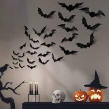 24pcs, 3D Black PVC Bat Halloween Decorations, Scary Bar Room Decoration Props, Bat Wall Stickers - Perfect Halloween Party Supplies,Christmas - Black - View 3