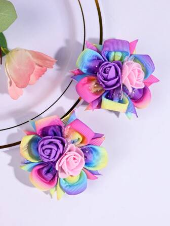 2pcs Rainbow Flower Hair Clips, Girls Tie-Dye Artificial Flower Alligator Clips, Unique Flower Hair Clips For Toddler Girls, Girls Bowknot Ponytail Bow Hair Accessories (Product Does Not Include Card)