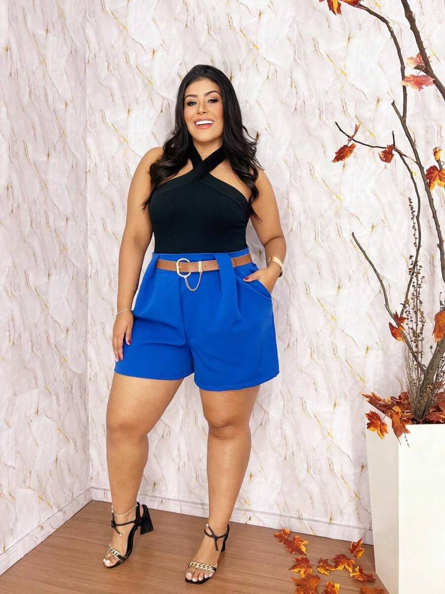 Short Plus Size Social Tailoring With Elegant Belt High Waist - Royal Blue - View 1