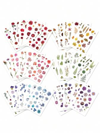 40pages/750pcs PET Material Dry Flower Pattern Die-Cut Stickers, Waterproof Resin Floral Stickers In Red, Yellow, Black, Blue, Pink, White, Rose, Plant, Maple Leaf For Diary, Scrapbook, Notebook, Phone, Luggage Back To School