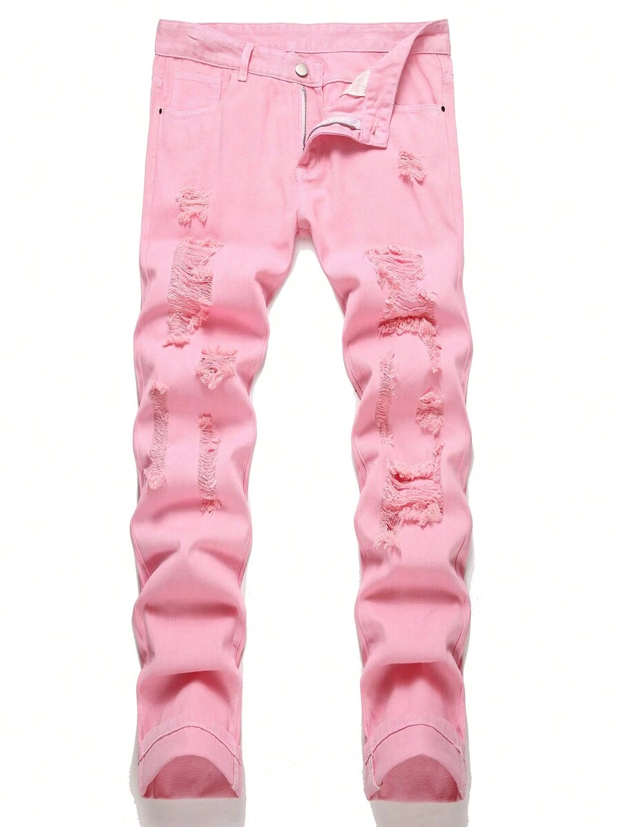 Men's Fashionable Pink Distressed Jeans - Pink - View 1