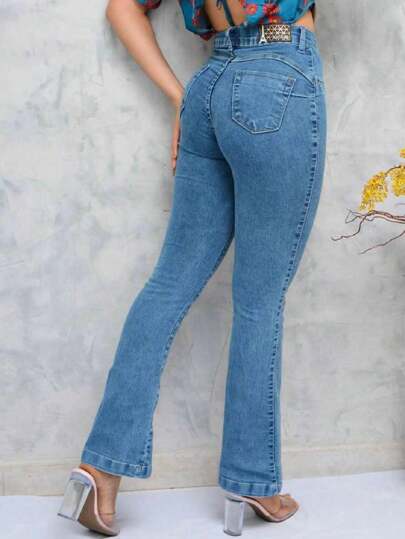 Calça Jeans Feminina Boca De Sino Flare Com Elastano Premium Flair