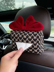 1pc Car Tissue Box Jacquard Multifunctional Hanging Drawer Box Car Armrest Box Bow Tissue Box - one-size - View 2