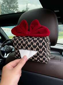 1pc Car Tissue Box Jacquard Multifunctional Hanging Drawer Box Car Armrest Box Bow Tissue Box - one-size - View 4