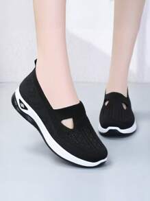 女士花卉刺绣运动鞋，轻便软底针织网眼运动鞋，透气低帮步行鞋 - 純黑色 - 查看 3