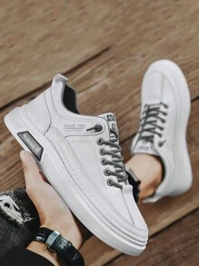 Men's New Leather Sneakers, Outdoor Thick Sole Wear-Resistant Breathable Casual Flat Shoes, Versatile Sports Leisure Shoes, Suitable For All Seasons - White - View 3