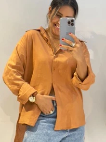 LONG SLEEVE LINEN SHIRT PURE ELEGANCE AND SOPHISTICATION - 芥末黃 - 查看 3