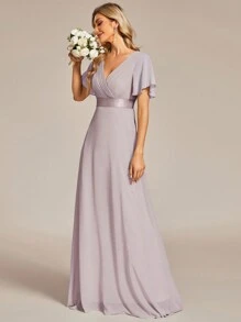 Elegant V-Neck Ruffle Butterfly Sleeve Lavender Bridesmaid Dress, Wedding Guest Dress For Spring Semi-Formal Occasions, Suitable For Wedding, Birthday Party, Graduation, Valentine's Day - Mauve Purple - View 7