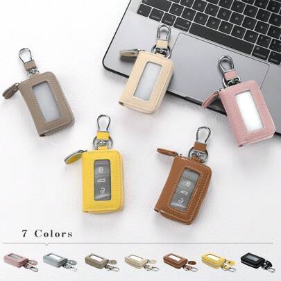 1pc Smart Key Case, PU Leather Key Holder, Men/Women Smart Key Pouch, Flip Cover Key Chain, Cowhide Leather Key Wallet, Smart Key, Car Key Bag, Key Protector, Cute Textured Leather Carabiner With Key Ring