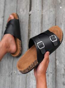 Fashion Buckle Strap Soft Cork Slippers, Summer Casual Beach Sandals, Unisex - Black - View 3