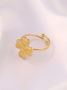 1 pieza Anillo abierto de trébol de cuatro hojas de acero inoxidable para mujeres, joyería impermeable con baño de oro de 18K y flor ajustable