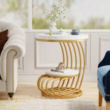 Mesa auxiliar redonda moderna de 2 niveles con estante de madera Tribesigns, mesita de noche chic, mesa de acento con arco metálico para dormitorio o sala de estar - Oro blanco - Ver 2