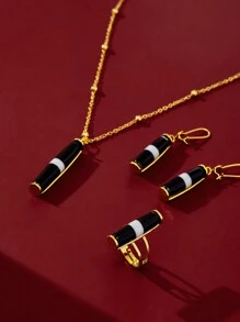 1 set Conjunto de joyas de alta gama de cobre vintage exagerado y elegante, incluye collar, anillo, aretes, adecuado para mujeres en ocasiones de ocio, fiesta, diario, regalos de Navidad y vacaciones - Dorado - Ver 2