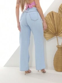 Women's Wide Leg Straight High Waist Jeans - Rửa nhẹ - Xem 4