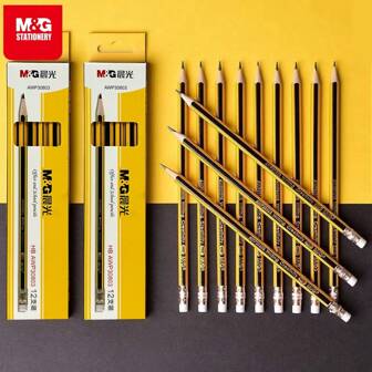 M&G Set de 12 lápices amarillos HB hexagonales de madera M&G con cabezas de borrador, adecuados para escribir, dibujar, hacer bocetos, útiles escolares y de oficina